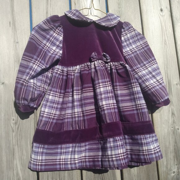 Vintage 80s Girls Dress Purple Plaid Velour 90s Prairie Pioneer Long Sleeves - Picture 1 of 10